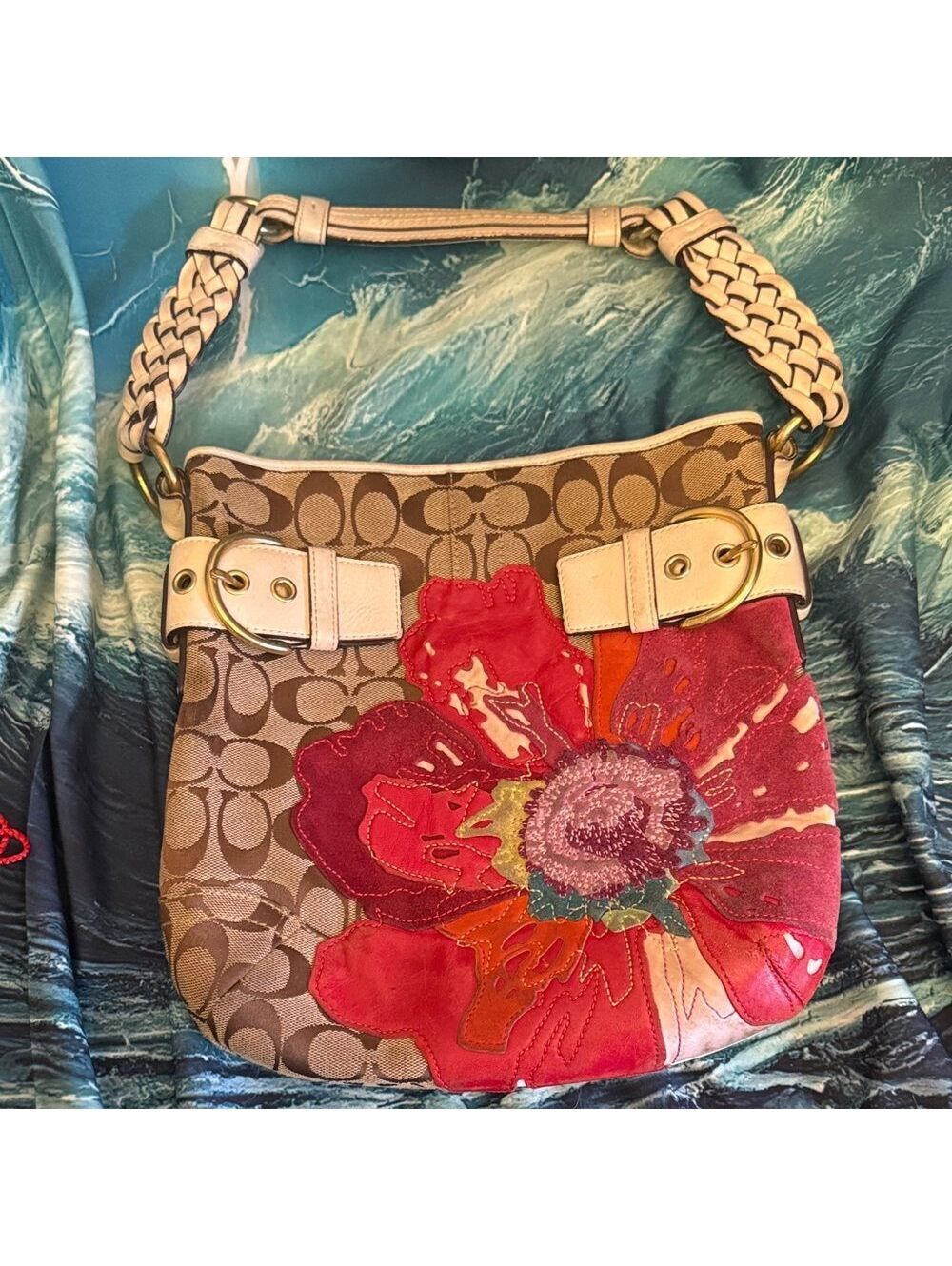 Authentic Coach Signature Shoulder Bag with Red and Pink Poppy *unicorn*